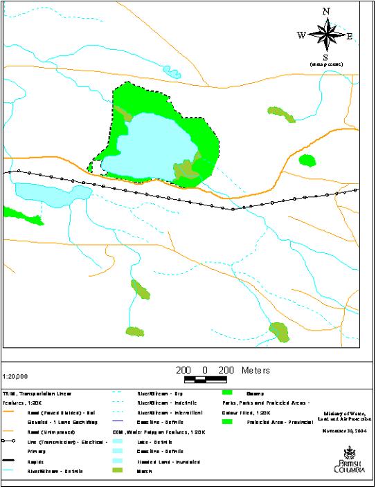 Figure 5.  BC Parks map showing MistyLakewatershed, boundary of ecological reserve and highway adjacent to southern boundary of reserve.