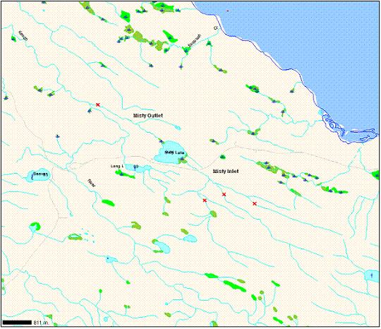 Figure 6. Known upper and lower limits of the Misty Lake lake-stream stickleback distribution (Moore, pers. comm.; Hendry, pers. comm. 2005, 2006).