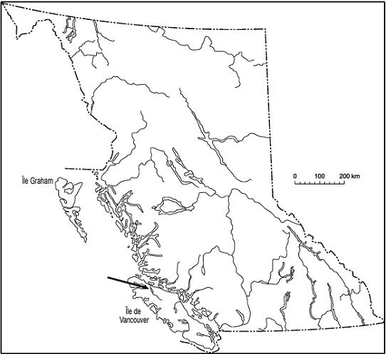 Figure 4. Carte de la Colombie-Britannique montrant l’aire de répartition à la fois mondiale et canadienne des épinoches du lac Misty sur l’île de Vancouver. La flèche indique l’emplacement du système hydrographique du lac Misty.