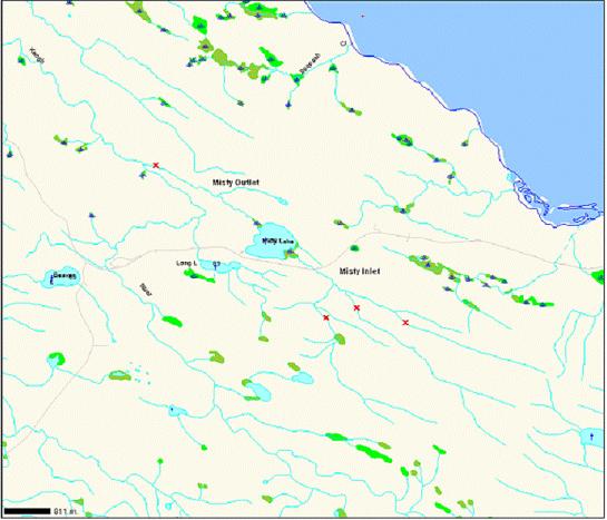 Figure 6. Limites supérieures et inférieures connues de l’aire de répartition des épinoches lentique et lotique du lac Misty (Moore, comm, pers.; Hendry, comm, pers., 2005 et 2006).