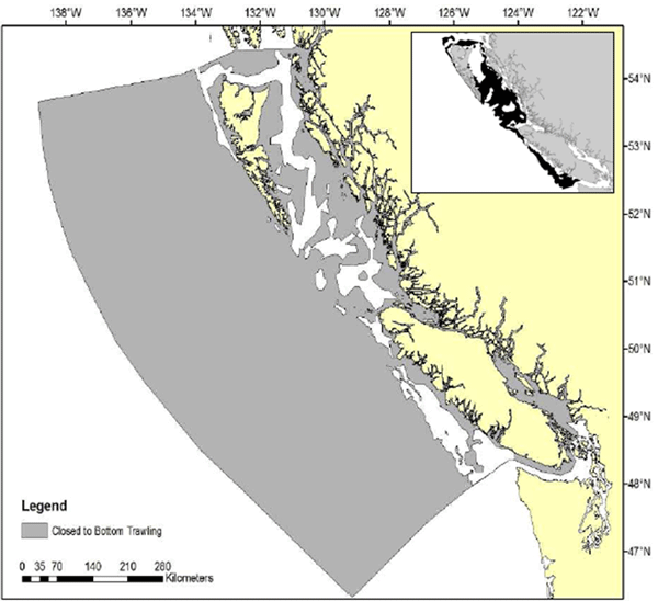 Map showing the areas closed to bottom trawl fishing