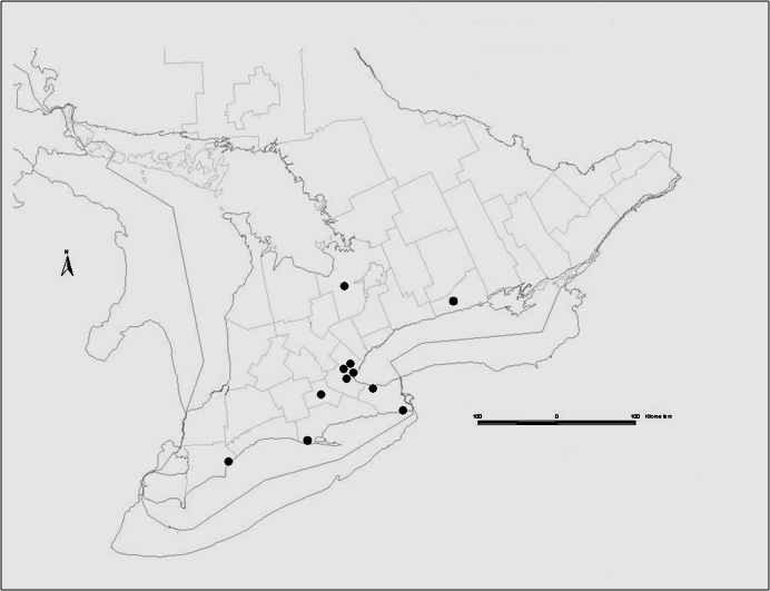Approximate locations of 12 sites in southern Ontario