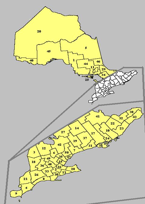 Carte des comtés et des districts de l’Ontario utilisée comme outil de référence à l’annexe 1.