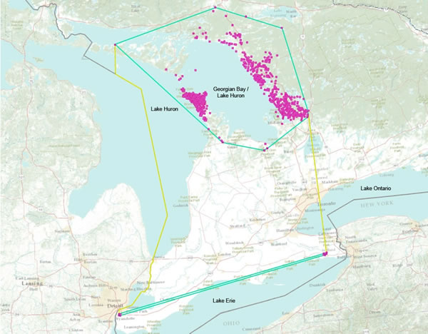 Map showing grid squares and polygons (see long description below).