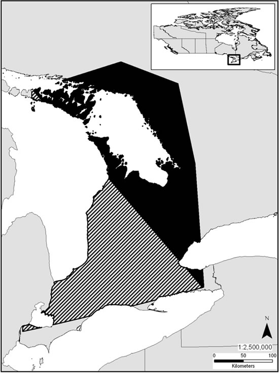 Map showing projected decline in the Canadian extent of occurrence of the Massasauga (see long description below).