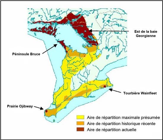 Carte montrant le déclin du massasauga (voir description longue ci-dessous).