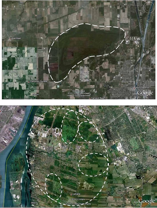 Two panels showing aerial images of Massasauga (see long description below).
