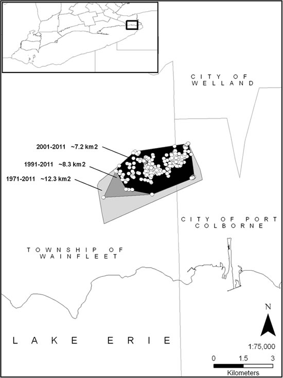 Map of the geographic extent of the Wainfleet Bog population of Massasauga (see long description below).