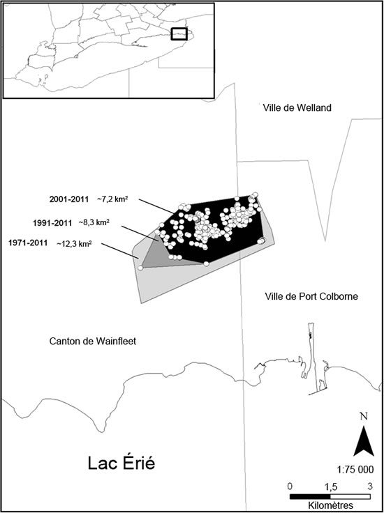 Carte indiquant la couverture géographique de la population de massasaugas (voir description longue ci-dessous).