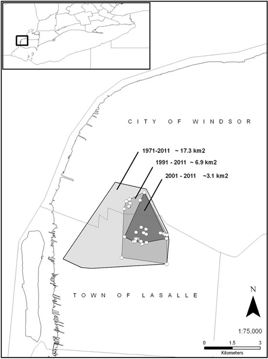 Map of the geographic extent of the Ojibway Prairie population of Massasauga (see long description below).