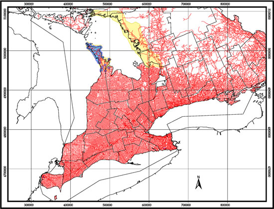 Map of relative road density and distribution of Massasauga (see long description below).