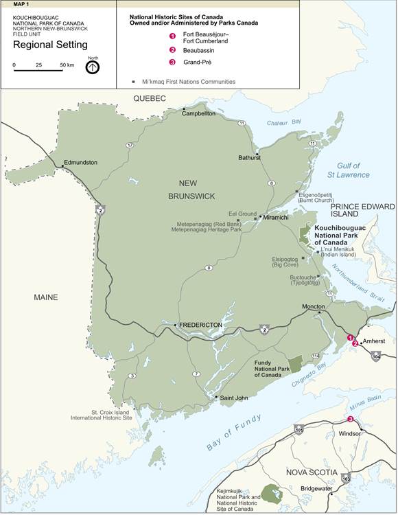 Figure 1. Geographic scope for the Multi-species Action Plan for Kouchibouguac National Park of Canada and associated National Historic Sites of Canada. (See long description below)