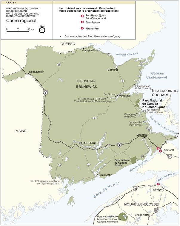 Figure 1. Portée géographique du Plan d’action visant des espèces multiples dans le parc national du Canada Kouchibouguac et les lieux historiques nationaux du Canada associés. (Voir description longue ci-dessous.)