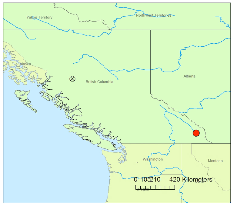 Map of western Canada showing the two occurrences of Sclerophora peronella in British Columbia
