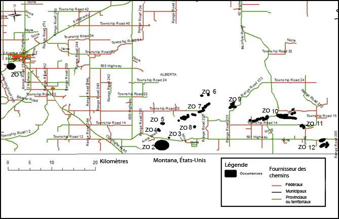 Occurrences d'oxytrope patte-de-lièvre en Alberta, au Canada