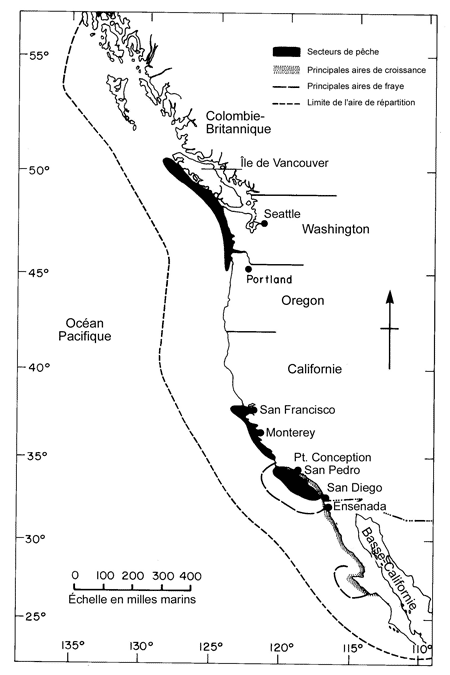 Figure 2. Répartition de la sardine du Pacifique, et emplacements de ses principales aires de reproduction et de croissance ainsi que des principaux secteurs de pêche avant 1950