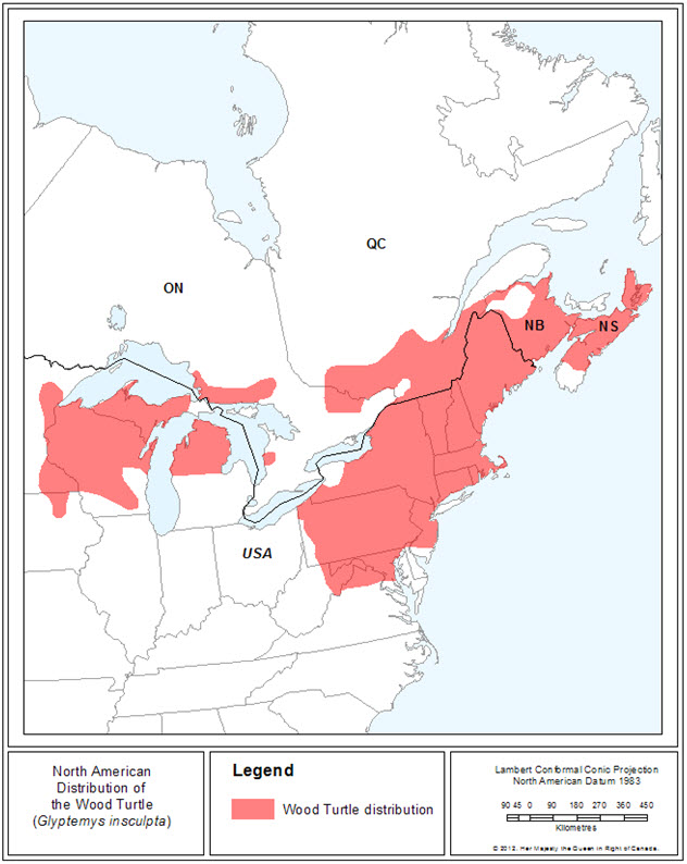 Distribution of the Wood Turtle in North America