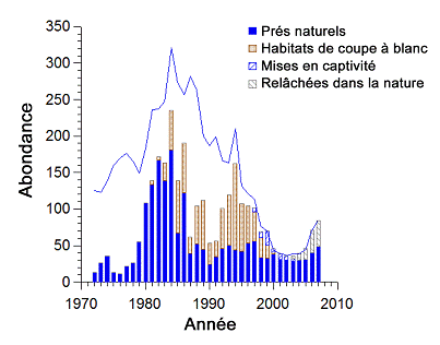 Figure 4.  Résultats des dénombrements annuels et nombres probables de marmottes sauvages de 1972 à 2007. Les données sur les nouveau-nés et les adultes ont été mises en commun.