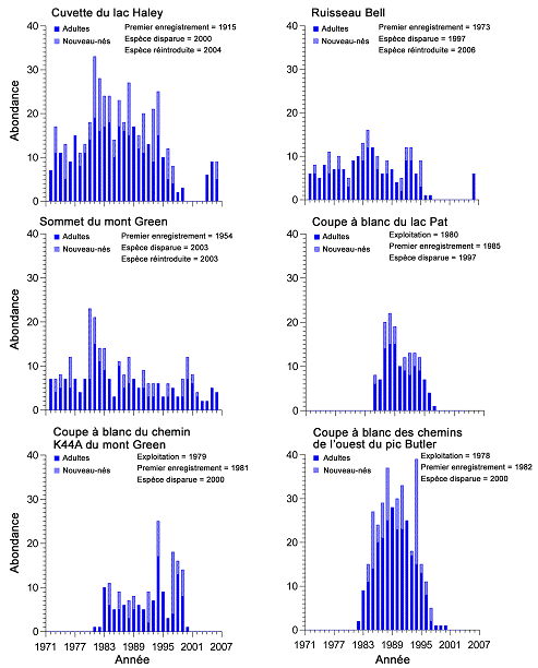 Figure 5.  Tendances des populations dans six colonies bien étudiées, 1972 à 2006. Les données représentent soit le plus élevé des comptes quotidiens de marmottes enregistrés dans une année, soit le nombre de marmottes recensées vivantes par des activités de marquage et de recapture ou par la radiotélémesure. Aucun facteur de correction n’a été appliqué.