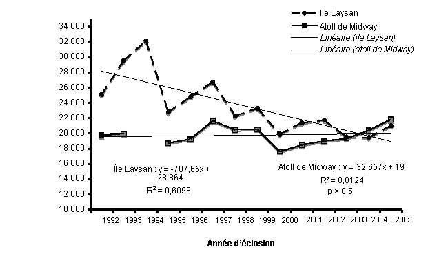 Figure 11. Tendances des populations d’Albatros à pieds noirs de l’île Laysan (dénombrements indirects des nids actifs des années d’éclosion de 1992 à 1997; dénombrements directs de 1998 à 2005) et de l’atoll de Midway (dénombrements directs de 1992 à aujourd’hui; USFWS, données inédites).