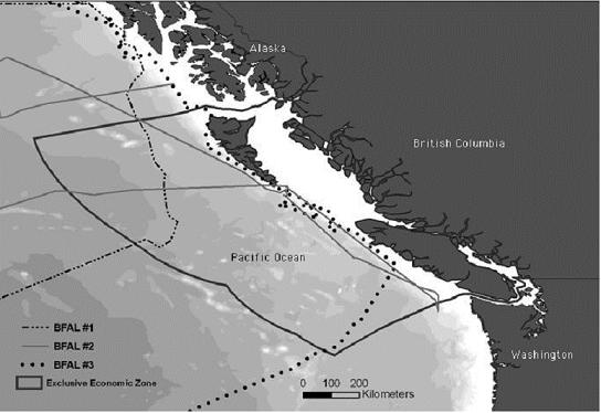 Figure 9.  Presence within Canadian EEZ of three Black-footed Albatrosses tracked with satellite transmitters from August to early October 2005. Map courtesy of R. Suryanand K. Fischer, Oregon State University.