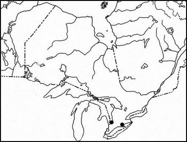 Figure 6. Aire de répartition de l’Erynnis persius persius au Canada, d’après les données de collecte des spécimens correctement identifiés.