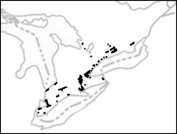Figure 7. Aire de répartition des habitats de savane et de prairie avant l’arrivée des premiers colons européens, d’après les données du Centre d’information sur le patrimoine naturel et le Musée royal de l’Ontario.