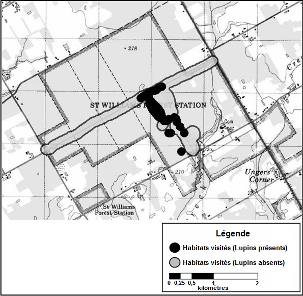 Figure A1. Emplacement des relevés effectués dans la forêt régionale de St. Williams.