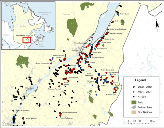 Distribution of Cutlip Minnow, Exoglossum maxillingua, in eastern Québec