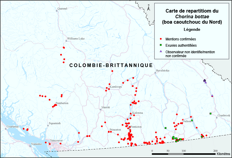 Carte montre la répartition canadienne du boa caoutchouc du Nord