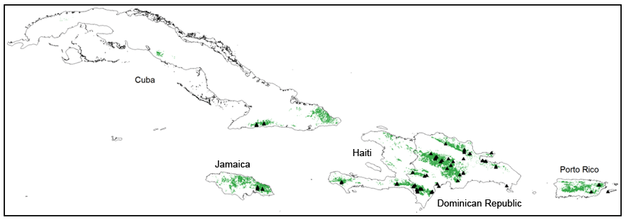Map of potential wintering area (see long description below)