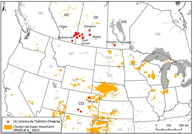 Carte montrant la répartition mondiale de l’héliotin d’Aweme (voir longue description ci-dessous)