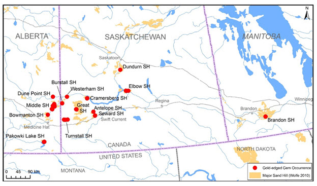 Map of Canadian distribution of the Gold-edged Gem (see long description below)