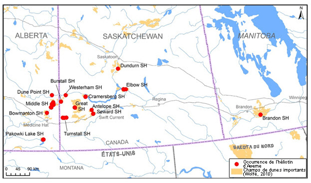 Carte de la répartition canadienne de l’héliotin d’Aweme (voir longue description ci-dessous)