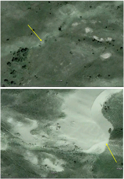 Two GoogleEarth images enabling comparison of two sites (see long description below)