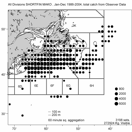 Figure 5.  Distribution of shortfin mako in Atlantic Canadabased on all recorded catch (kg) from the International Observer Program database between 1986-2004. Source: Campana et al. 2004.
