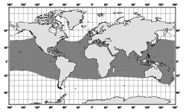 Figure 4. Répartition mondiale du requin-taupe bleu. Source : Compagno, 2001.
