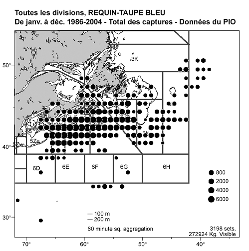Figure 5. Répartition du requin-taupe bleu dans les eaux canadiennes de l’Atlantique, d’après l’ensemble des prises déclarées (kg) de 1986 à 2004 – Base de données du Programme international des observateurs. Figure tirée de Campana et al., 2004.