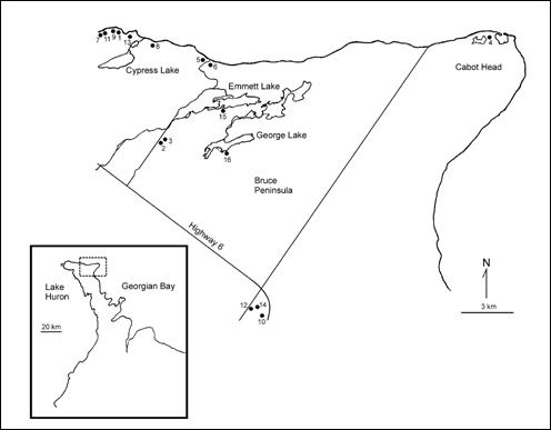  Figure 2.  Distribution of Hymenoxys herbacea populations on Bruce Peninsula, Ontario.