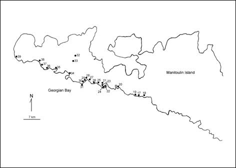 Figure 3.  Distribution of Hymenoxys herbacea populations on western Manitoulin Island, Ontario.
