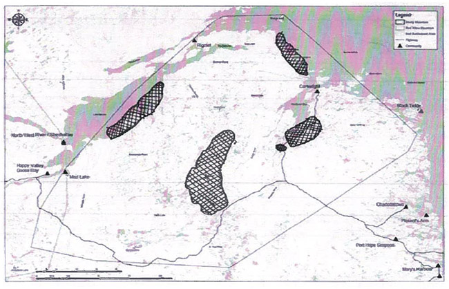 First of two maps identifying areas important to boreal caribou during the summer. 