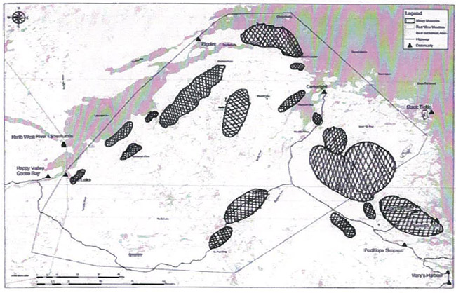 Second of the two maps identifying areas important to boreal caribou during the summer, and Labrador region shown.