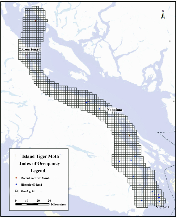 Island Tiger Moth index of area of occupancy (see long description below).