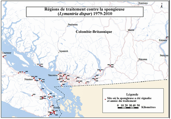 Régions de traitement contre la spongieuse (voir description longue ci-dessous).