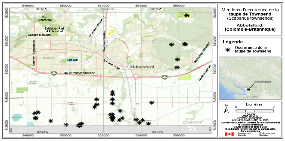 Carte montrant les occurrences connues de la taupe de Townsend dans deux secteurs de la vallée du Fraser, en Colombie-Britannique