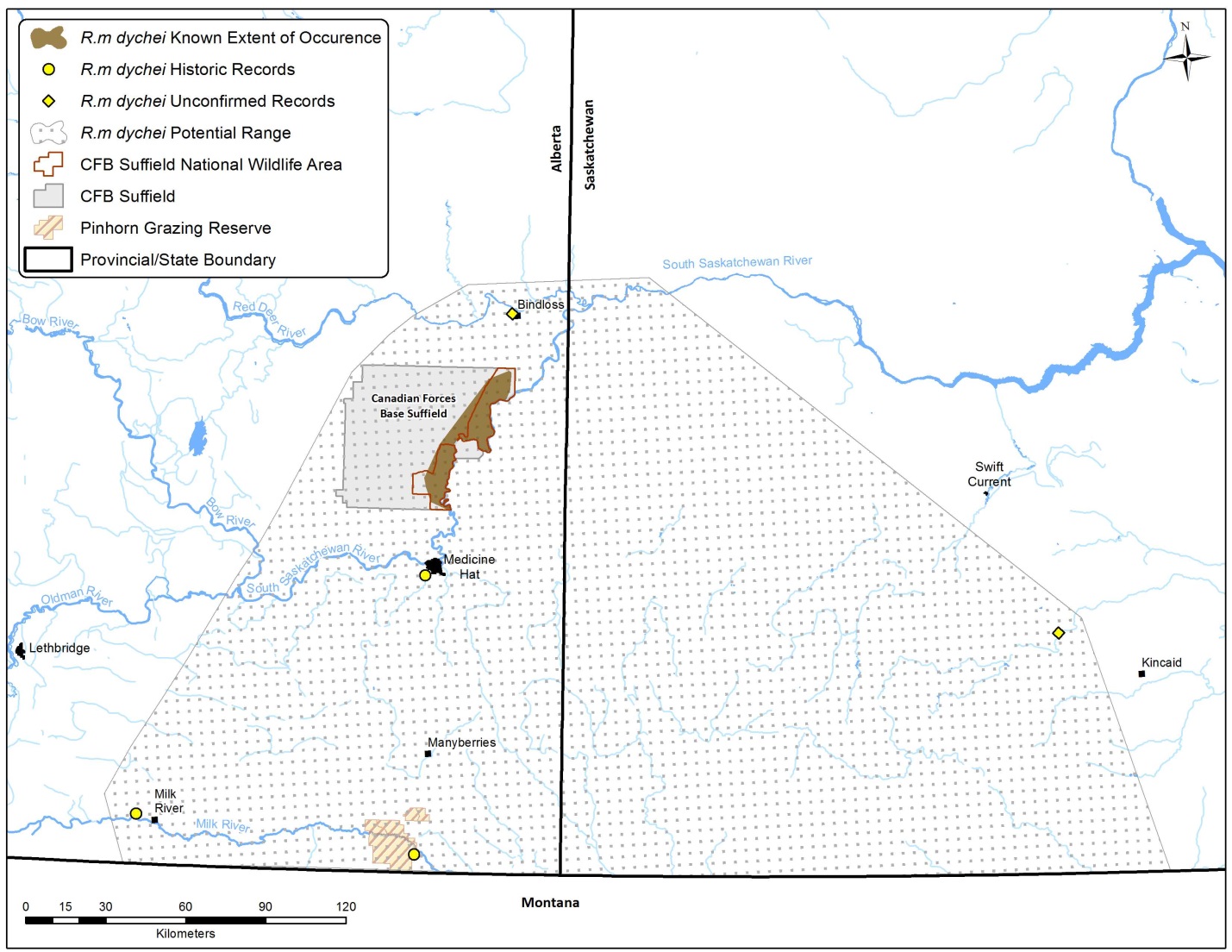 map: Sites in Alberta found along the South Saskatchewan River near the Canadian Forces Base Suffield.