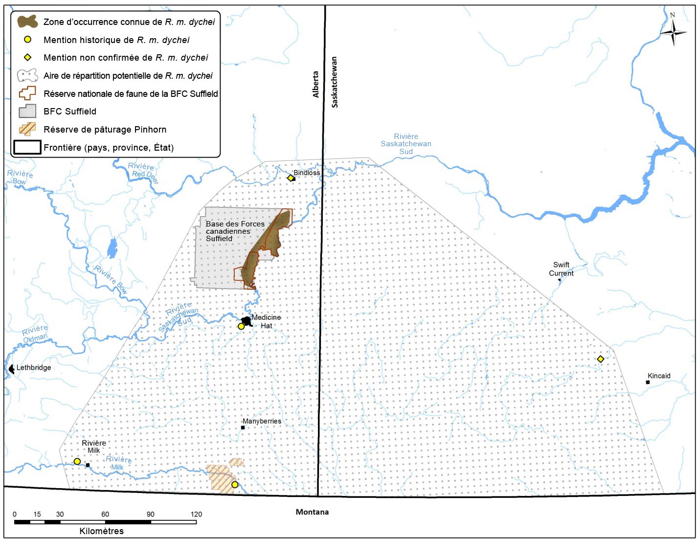 Carte : Plan des sites de l’Alberta qui longent la rivière Saskatchewan Sud.