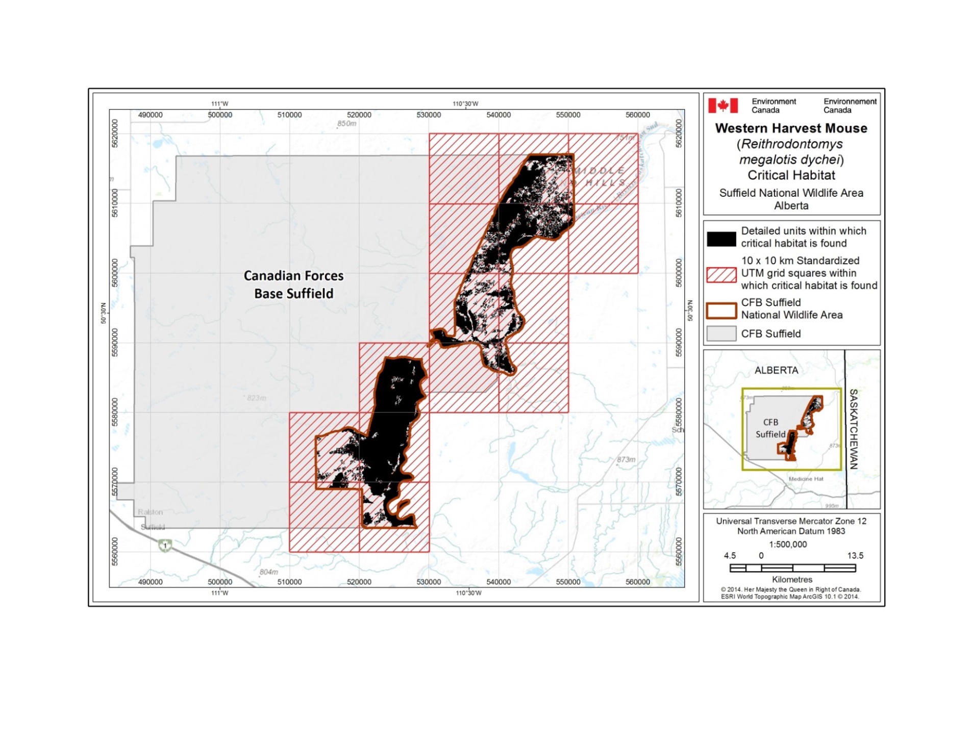 Map: critical habitat for Western Harvest Mouse in and near the Canadian Forces Base Suffield in Alberta