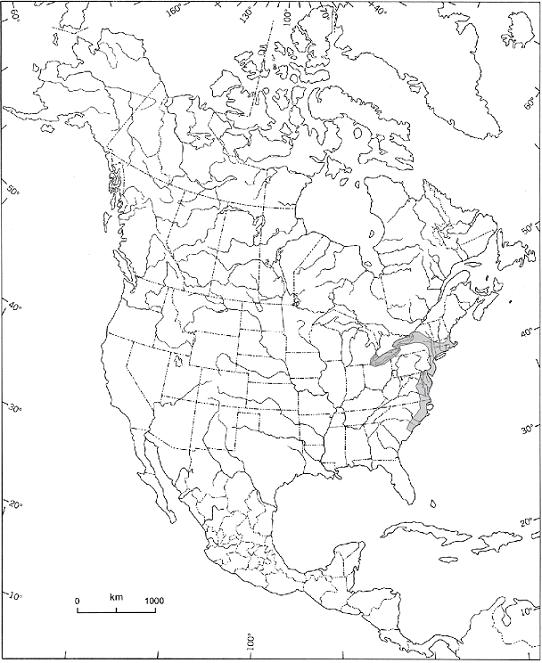 Figure 2. North American distribution (shaded area) of theEastern Pondmussel, Ligumia nasuta, based on records from the Lower Great Lakes Unionid Database and data obtained from www.natureserve.organd jurisdictional authorities.