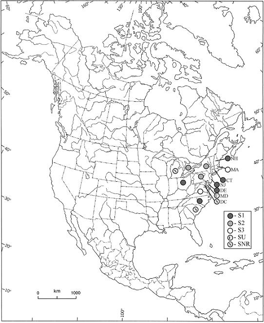 Figure 6. &nbsp;State and provincial conservation priority ranks (S-ranks) for Ligumia nasuta